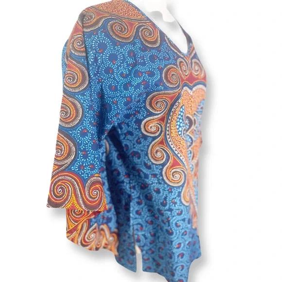 Paranda Talk Of The Town Vintage Batik Batwing Bohemian Ethnic Print V Neck Top - Picture 5 of 8